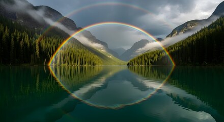 Fototapeta premium A serene lake surrounded by mountains and lush greenery under a cloudy sky with a double rainbow encircling the scenery