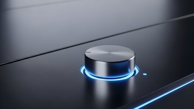 Closeup of a sleek modern metallic knob with a glowing blue light ring on a dark reflective surface suggesting advanced technology and user interface design.