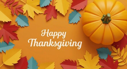 Happy Thanksgiving background with pumpkin and autumn leaves