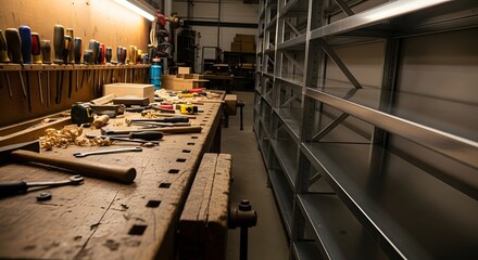Carpentry tools arranged on wooden workbench in workshop, detailed view of woodworking workspace and organized environment