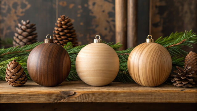 Christmas eco friendly wooden ornaments with pine cones and fir branches create natural festive decoration on rustic wood table