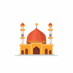 Naklejka premium Colorful cartoon illustration of a mosque with a dome and minarets against a white background.