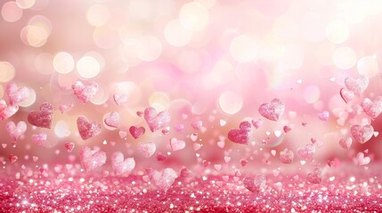 Romantic abstract backdrop with pink glitter background and heart shaped bokeh lights