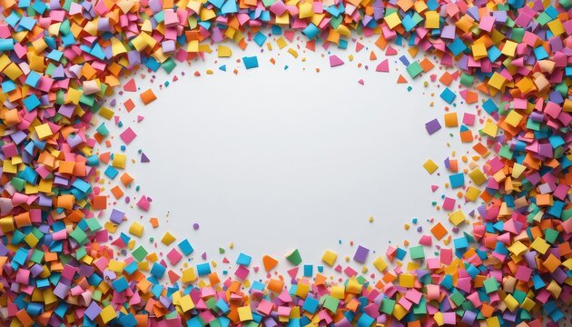 Colorful abstract frame with confetti on the edges and large empty space for copy