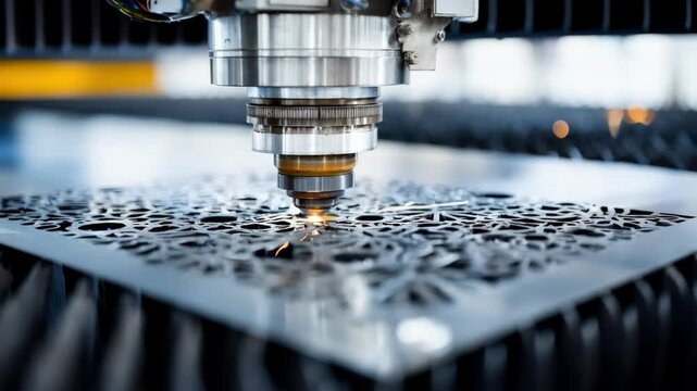 Medium shot of a worker monitoring the blanking process as a machine cuts intricate and irregular metal parts from a flat sheet with precision.