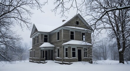 Snow-covered Victorian house in winter landscape, abandoned architecture scene, outdoor environment, front view, serene cold season concept