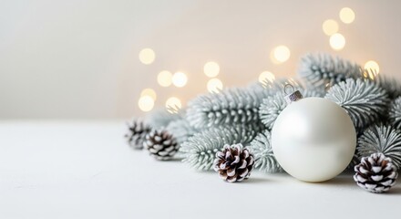 White Christmas ornament near frosted pine branches and cones