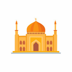 Stylized orange mosque with central dome and twin minarets flat illustration