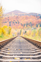 Railroad track leading into the distance. Track among autumn mountain landscapes
