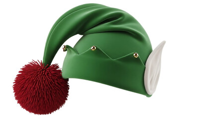 A festive green elf hat with a red pom pom and gold bells isolated on a black background studio shot