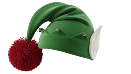 A festive green elf hat with a red pom pom and gold bells isolated on a black background studio shot
