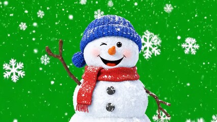 Cheerful Snowman Winking with Blue Hat and Red Scarf Against Green Background with Falling Snow Animated Holiday Celebration Background Loop - Powered by Adobe