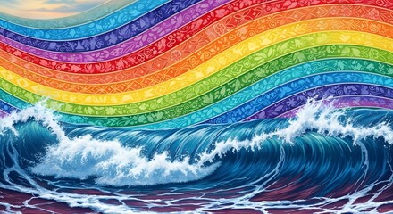 Obraz premium Colorful rainbow waves crashing over ocean surface, vibrant nature scene with dynamic water movement and bright sky, artistic seascape view