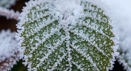 Close-up of Frost-covered Leaf in Winter Nature Environment Showing Detailed Ice Crystals from Macro Viewpoint