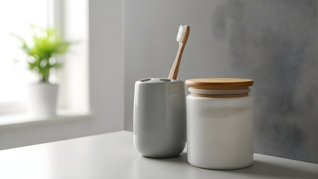Ecofriendly bamboo toothbrush and natural toothpaste in a modern bathroom setting.