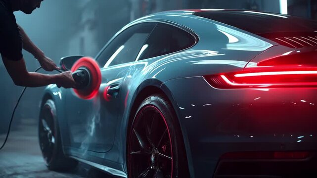 Midshot of an expert using a highspeed buffer to create a reflective surface on vehicle trims highlighting precision and craftsmanship.