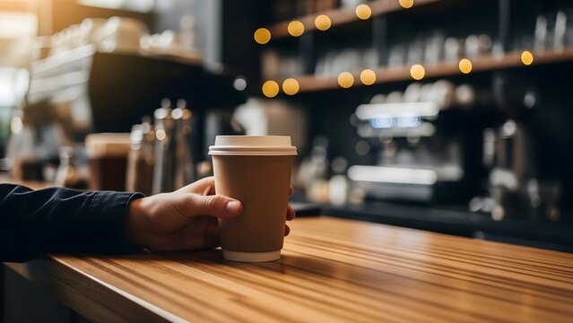 Hand holding a disposable coffee cup at a cafe counter. - Powered by Adobe
