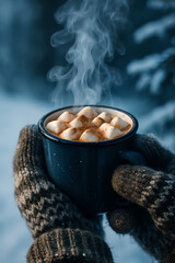 Hands in mittens holding a steaming mug of hot chocolate with marshmallows in a snowy winter scene