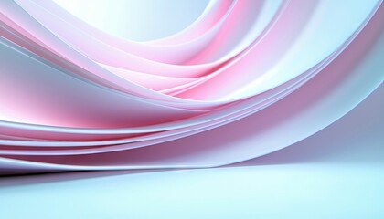 An abstract composition featuring flowing, layered shapes in shades of pink and blue, with soft lighting creating a sense of depth and elegance.