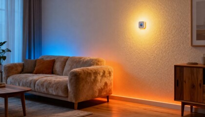Interactive wall covering featuring builtin light sensors that modify brightness and mood lighting in a cozy indoor environment.