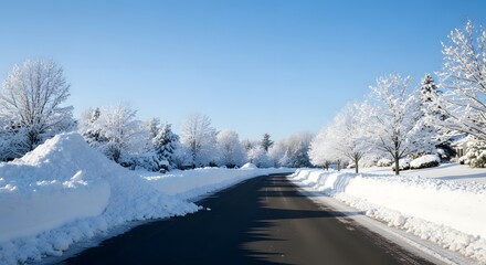 Obraz premium Empty suburban street with deep snow piles lining the cleared road on a bright sunny winter day for cold season concept and pristine landscape