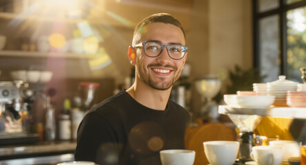 A barista with a welcoming smile enjoys a quiet moment while holding a freshly prepared beverage