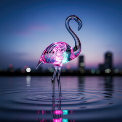 Glass Flamingo with Neon Lights in Water at Dusk