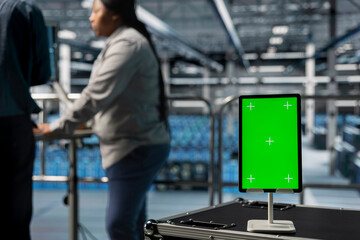 Close up of green screen tablet in front of teamworking data center admins installing and configuring hardware. Server room colleagues maintaining network infrastructure using mockup device
