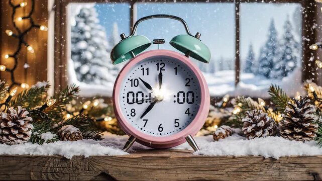 Winter time countdown concept with vintage alarm clock and festive lights