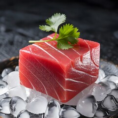 Raw fresh tuna steak with green herb on ice for sushi sashimi.