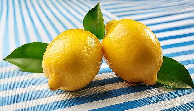 two fresh yellow lemons with green leaves on a blue and white striped background