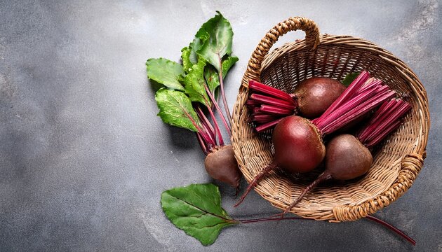fresh beetroots in a woven basket on a gray stone background - Powered by Adobe