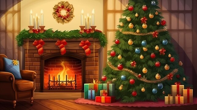 A cozy and festive Christmas scene with a roaring fireplace, a decorated tree, and gifts, evoking mth and holiday cheer.