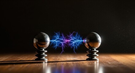 Bright static electricity arcs vividly between two reflective metal spheres, creating a powerful energetic discharge with vibrant blue purple sparks on a wooden surface.