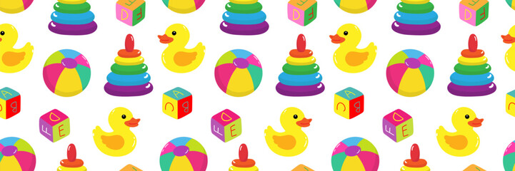 seamless pattern colorful baby toys bright backdrop for kids background textile print wallpaper design childrens playing objects pyramid duck cubes ball