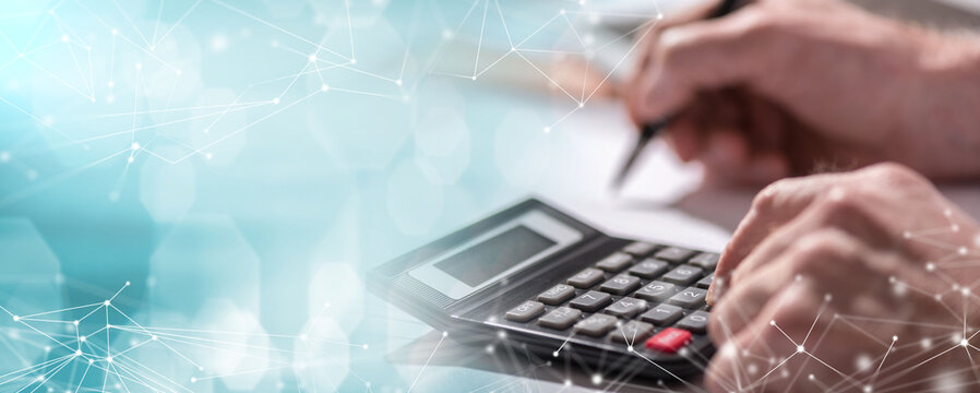 Hand using calculator, accounting concept; panoramic banner - Powered by Adobe