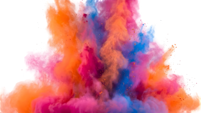 Vibrant explosion of colorful powder creating an artistic display against white.