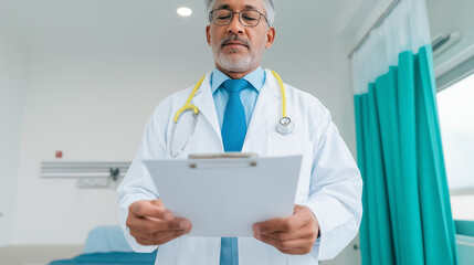 Professional mature doctor with a stethoscope holding a clipboard in a hospital room. Senior physician reviewing a patient's medical chart. Healthcare and medicine concept