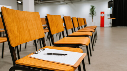 Empty chairs in a row at a business conference or seminar. Preparation for a presentation with a clipboard and notepad on a seat in a modern event hall
