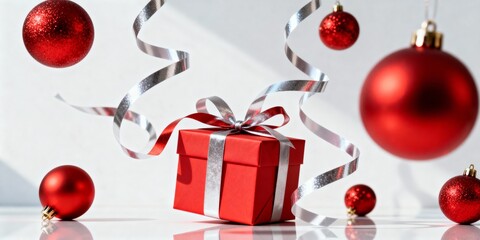 Red gift box with silver ribbon and Christmas ornaments. Festive holiday background with hanging baubles and curling streamers.