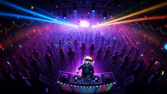 Christmas party DJ wolf spinning tracks for ecstatic crowd in vibrant club atmosphere