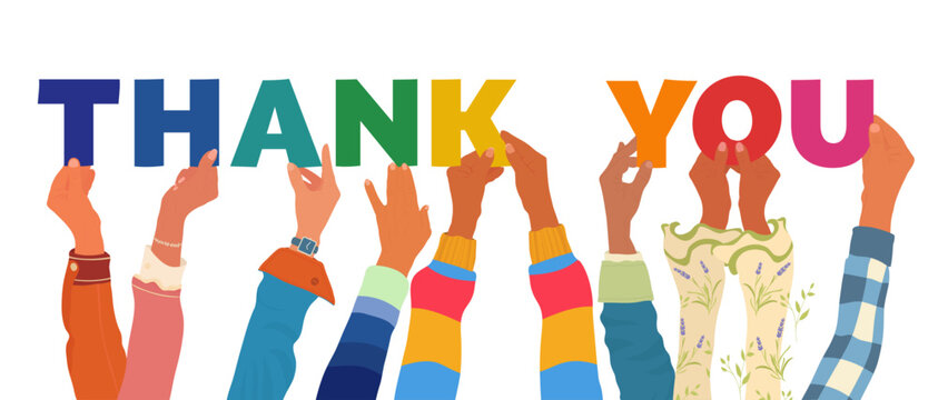 Diverse raised hands lifting colorful letters together to create a vibrant inclusive Thank You message