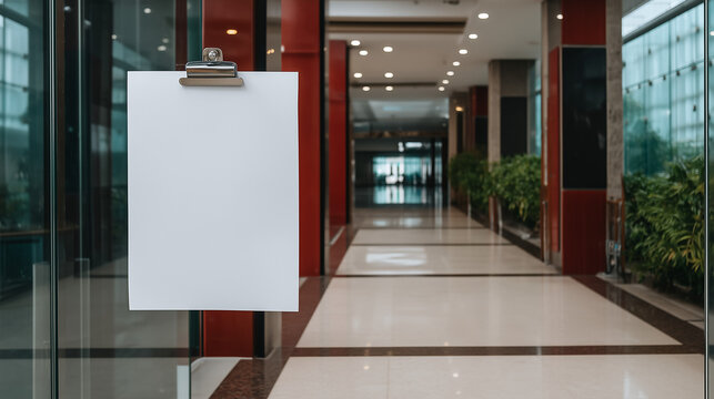 Blank paper on a clipboard mockup hanging on a glass door. Modern office hallway background with copy space for an announcement or sign.