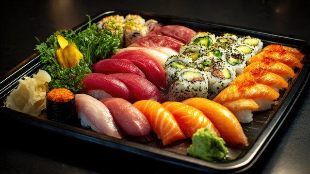 A vibrant sushi and sashimi platter showcasing fresh tuna, salmon, and white fish nigiri, varied maki rolls, and delicate garnishes.