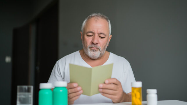 Senior man reading the instructions for his prescription medication. Elderly patient sitting at a table with pill bottles and a glass of water - Powered by Adobe