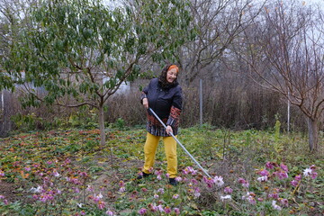 Mature woman in garden at home watering vegetables. An adult red-haired woman holding a rake in her...