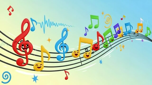 Animated music notes dance across the staff, bringing joy and melody to life in vibrant colors