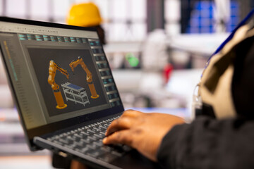 Factory automation expert supervises autonomous industrial plant, optimizing production line speed and robotic arm precision in manufacturing. Professional engineer upgrading industry 4.0 software.