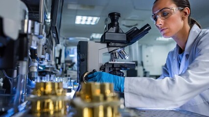Scientist observing antimony samples under a microscope to evaluate structural variations for experimental metallurgical processes