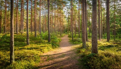 Obraz premium Walking Path In A Beautiful Pine Forest In Sweden